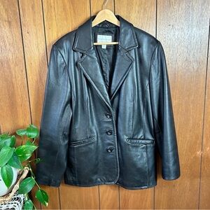 Worthington size Large Women’s black Lambskin Leather Button Up Blazer Jacket